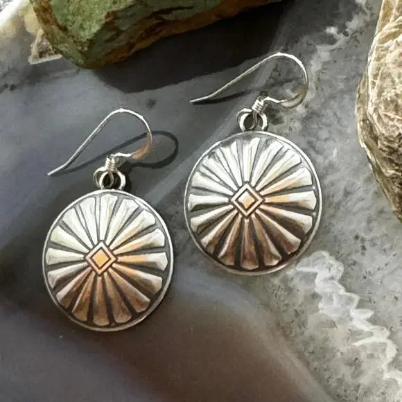 Native American Sterling Sunburst Round Concho Stamped Dangle Earrings For Women - Picture 4 of 10